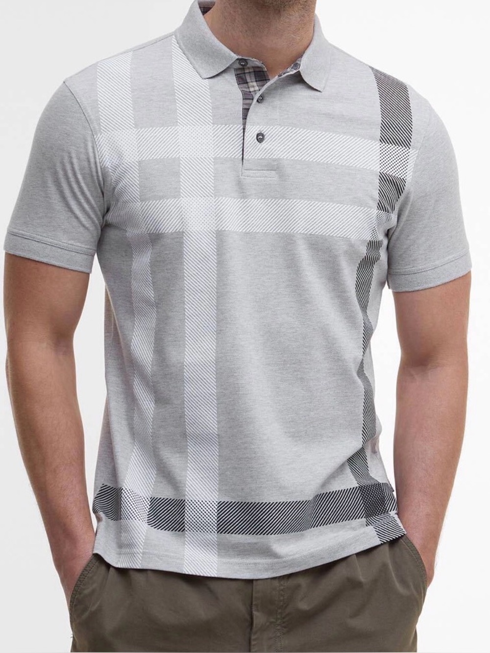 Barbour Blaine Tartan Short-Sleeved Polo Shirt in Grey Marl Mens Size Medium